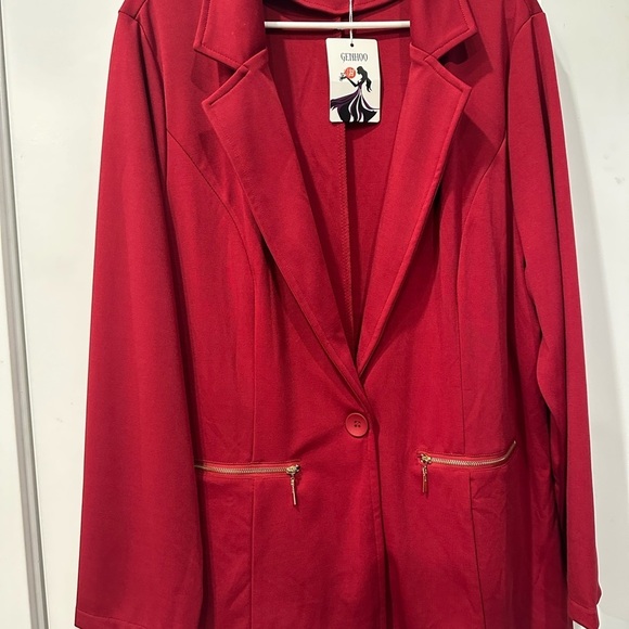 Genhoo Women's Red Long Sleeve Blazer Open Front Cardigan Jacket Work - Picture 2 of 10